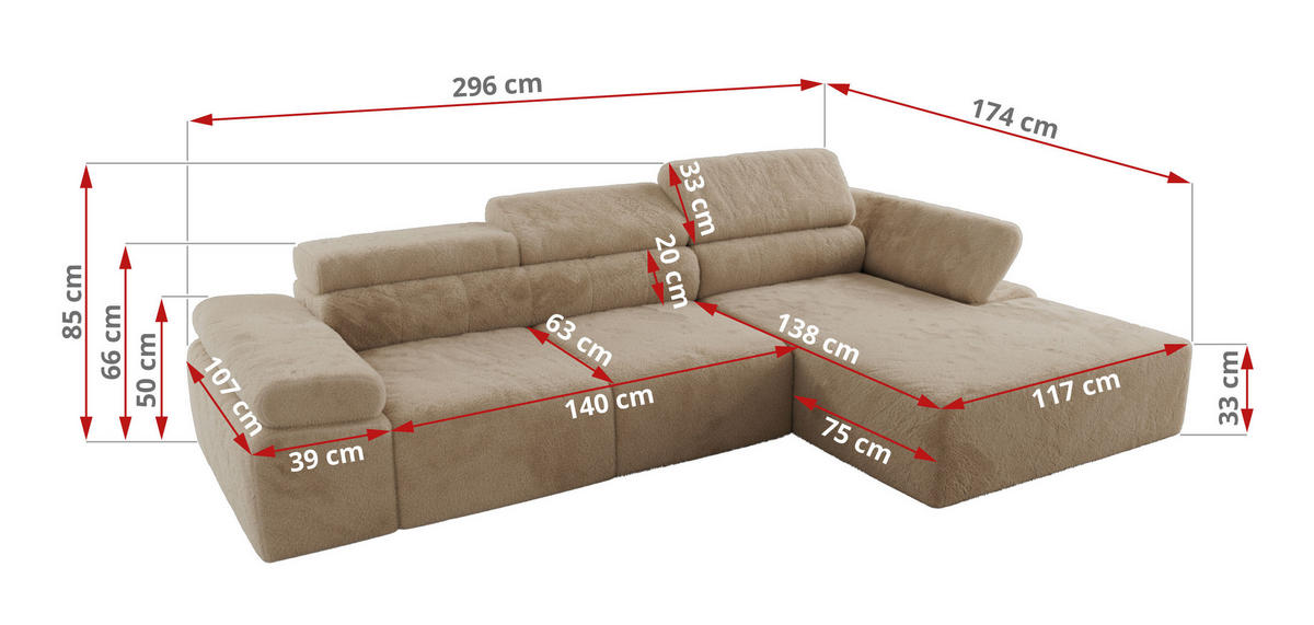 ECKSOFA RILASSO L Beige Plüsch - links - Beige/Schwarz, Kunststoff/Textil (296/174cm) - MKS