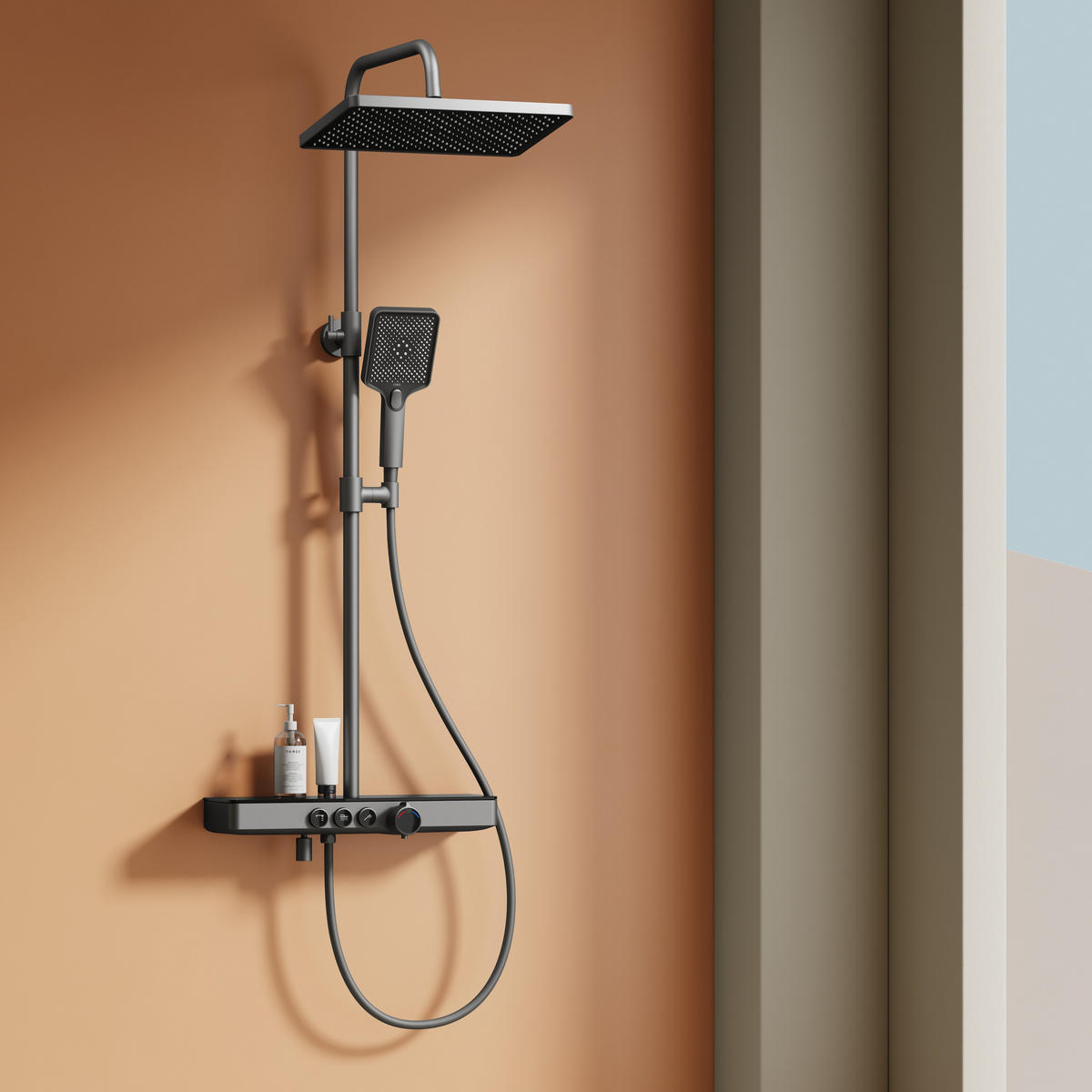 ÜBERKOPFBRAUSESET mit Drei Wasserauslassmethoden Thermostat mit Ablage Anthrazit 114,6/45/48 cm - Anthrazit, Metall (44.5/127/45cm) - EMKE