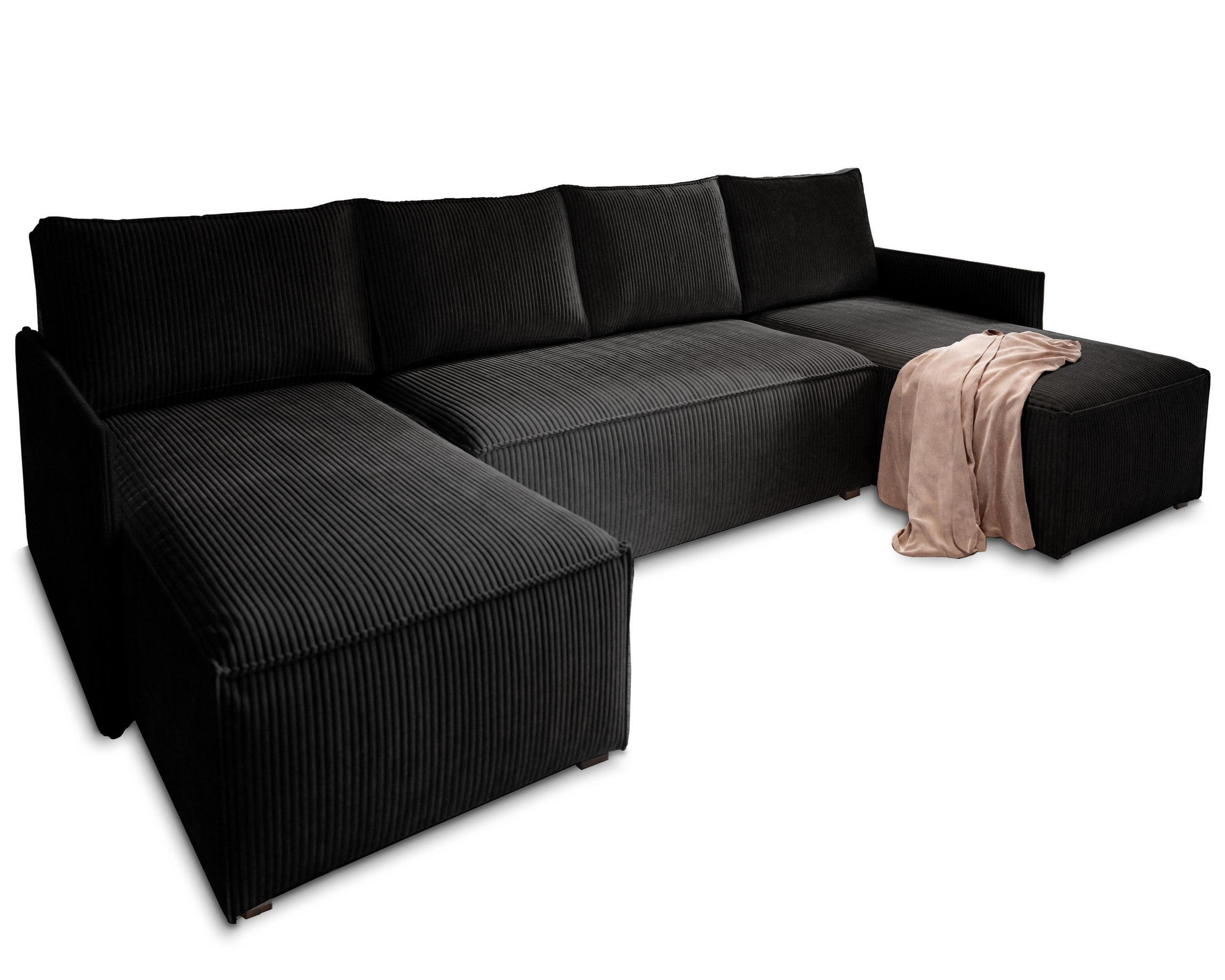 WOHNLANDSCHAFT TRES Schwarz Kordstoff mit Schlaffunktion - Schwarz, Holz (271/85/140cm) - MASSENO