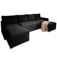 WOHNLANDSCHAFT TRES Schwarz Kordstoff mit Schlaffunktion - Schwarz, Holz (271/85/140cm) - MASSENO