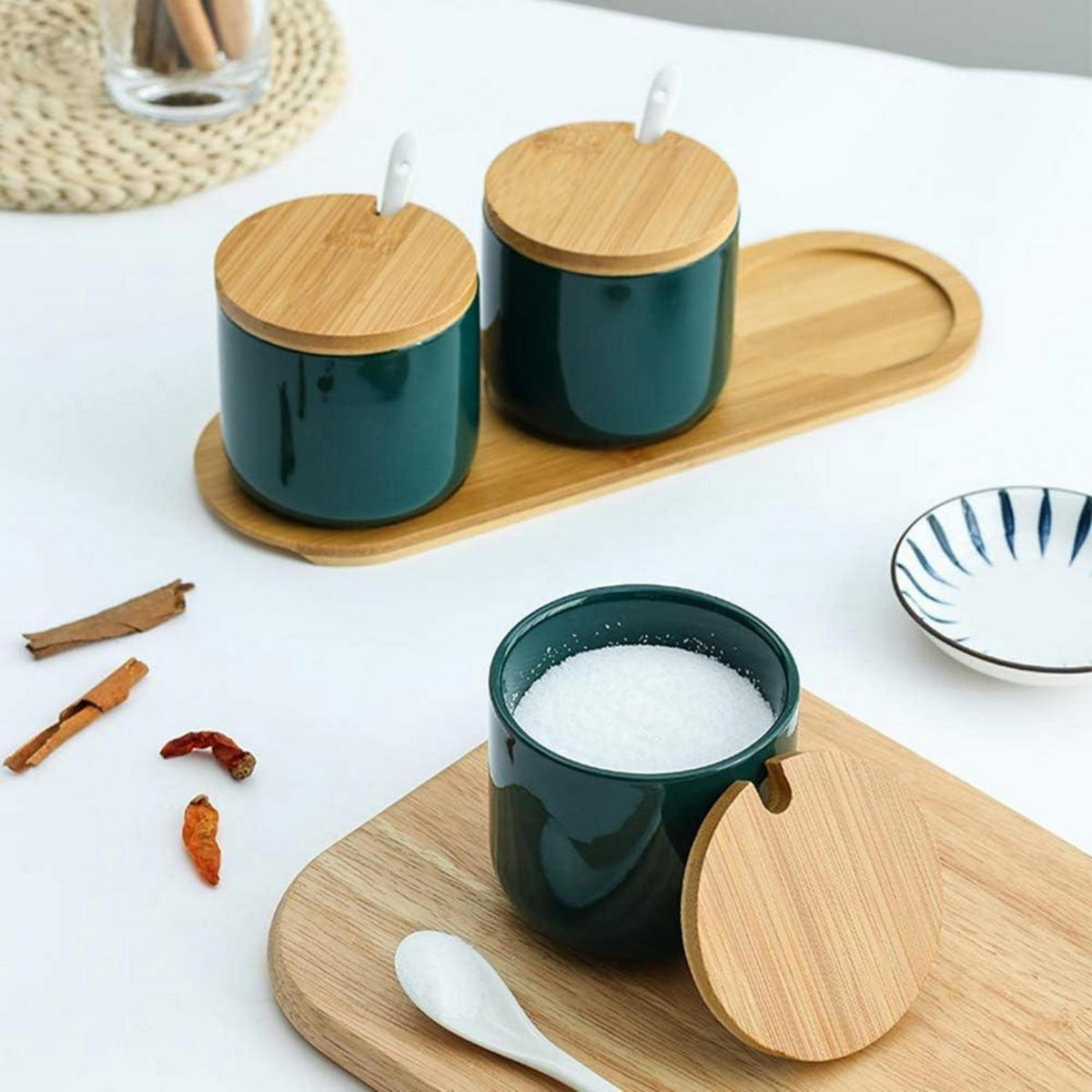 GEWÜRZGLÄSER 3er Set Keramik Grün mit Bambusdeckel und Löffel - Petrol, Keramik (8/10/8cm)