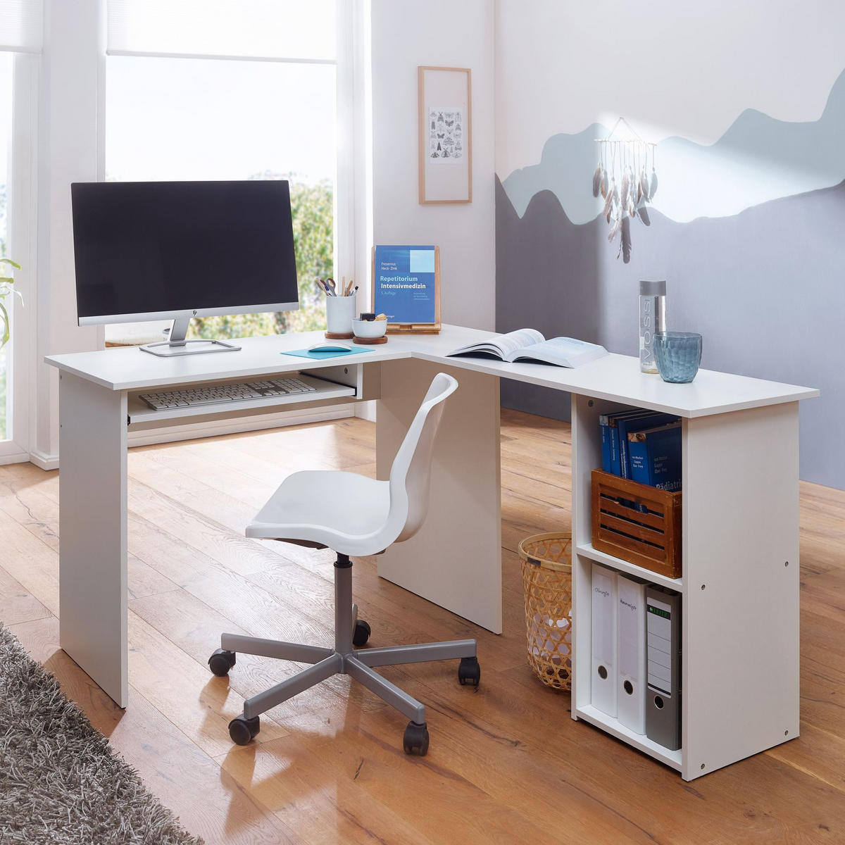 SCHREIBTISCHKOMBINATION ITTER Regal Tastaturauszug, Weiß 140x120x75 cm - Weiß, Holz (120/140/75cm) - KADIMA DESIGN