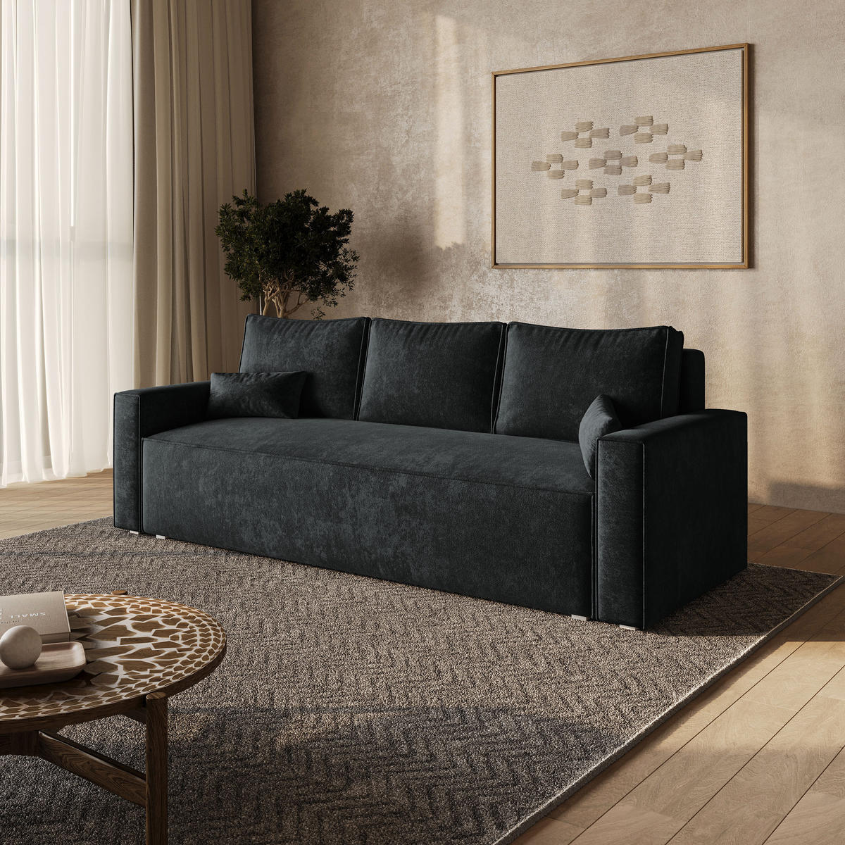 BETTSOFA MENI LM Schwarz Chenille-Stoff mit Schlaffunktion - Schwarz, Textil (232/85/87cm) - MASSENO