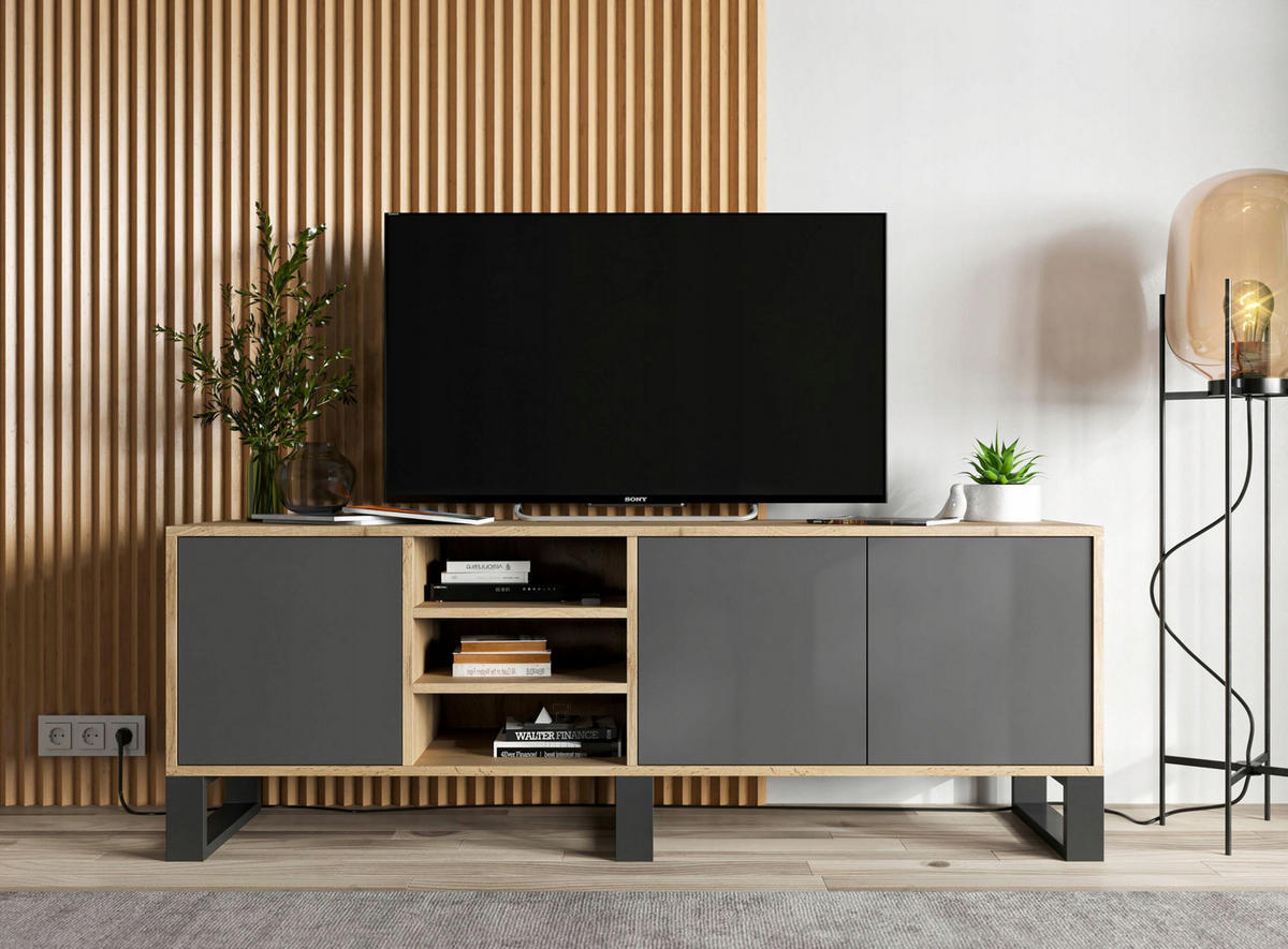 TV-LOWBOARD Apollo Eiche wotan Graphit Matt mit Metallbeinen 150/53/35 cm - Graphitfarben/Schwarz, Holzwerkstoff/Metall (150/53/35cm) - Meble Lindner