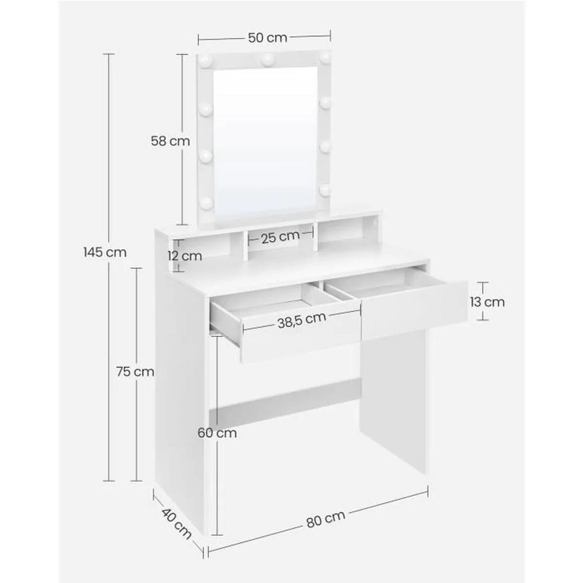 SCHMINKTISCH mit Glühbirnenspiegel und 2 Schubladen - L80 cm - Weiß, Glas (40/145/80cm) - Calicosy