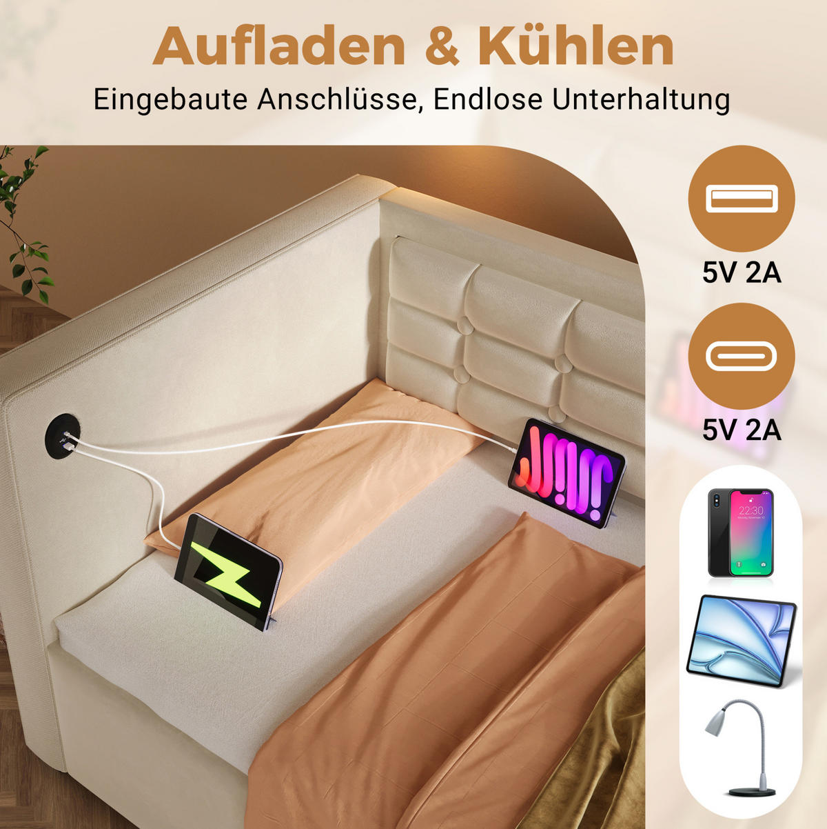 POLSTERBETT aus Samt 90x200 cm in Beige mit USB-C Ladestation & Stauraum - Beige, Textil (90/200cm) - Modfu