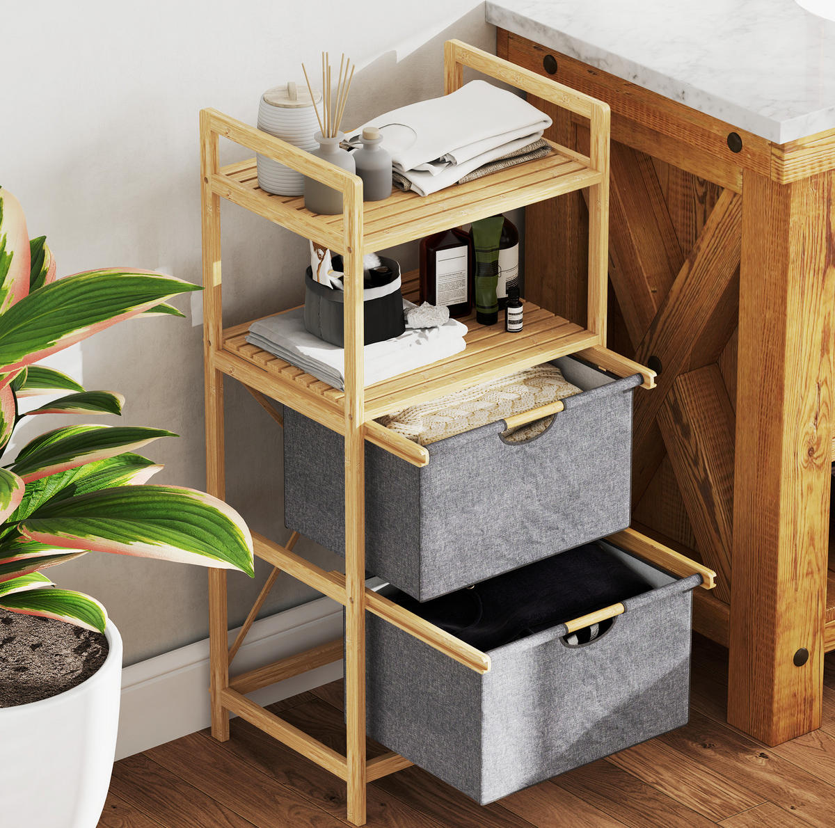 BADEZIMMERREGAL 44x34x96 cm Natur mit 2 Stoffkörben & zweistufigem Design - Naturfarben, Naturmaterialen (44/96/34cm) - Modfu