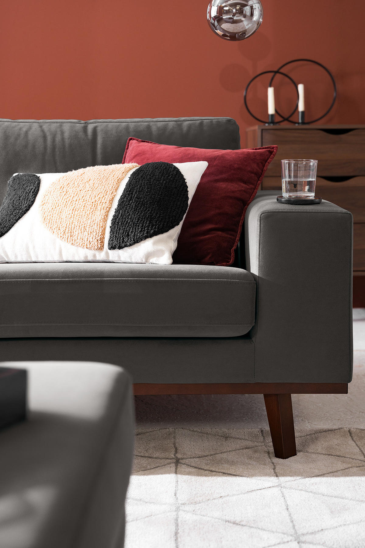 ECKSOFA mit Ottomane - Dunkelgrau/Buchefarben, Buchenholz/Textil (287/219cm) - home24