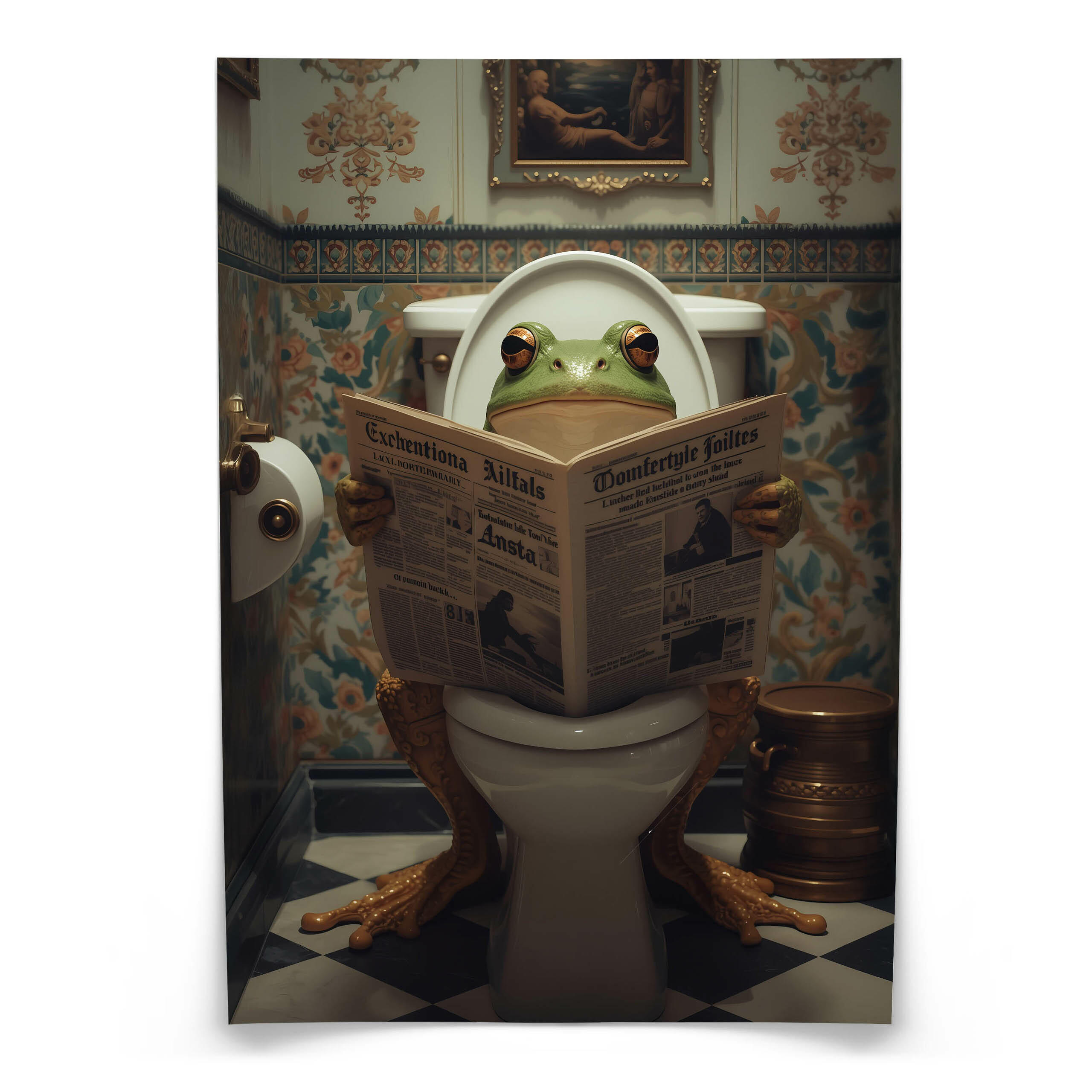 POSTER für WC Badezimmer FROSCH in Toilette Retro Zeitung Abstraktion 30x40cm - Beige/Schwarz, Papier (30/40/40cm) - Muralo