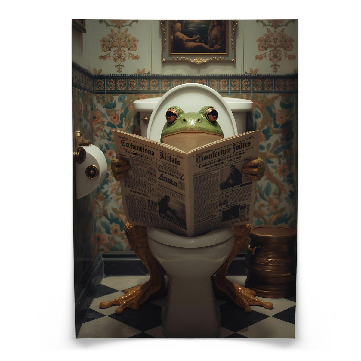 POSTER für WC Badezimmer FROSCH in Toilette Retro Zeitung Abstraktion 50x70cm - Beige/Schwarz, Papier (50/70/70cm) - Muralo