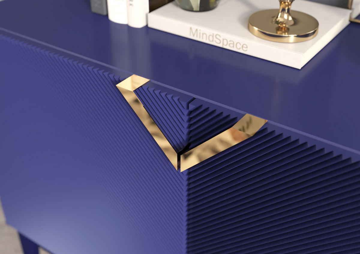 SIDEBOARD Demi 2D Long, Marinblau-Gold, Mit Gefrästen Fronten, Massive Buche - Dunkelblau, Holz/Holzwerkstoff (100.5/70/42cm) - Visby