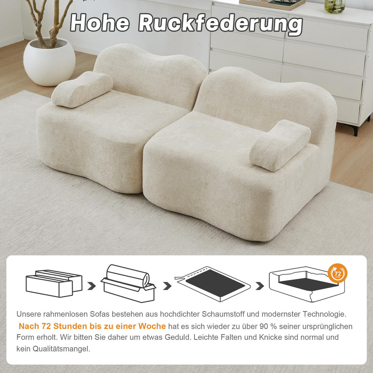 CANAPEA CU 2 LOCURI Modulară din Catifea Boneless, Formă de Onduleu - bej, material textil (192/70/98cm) - Urban Meuble