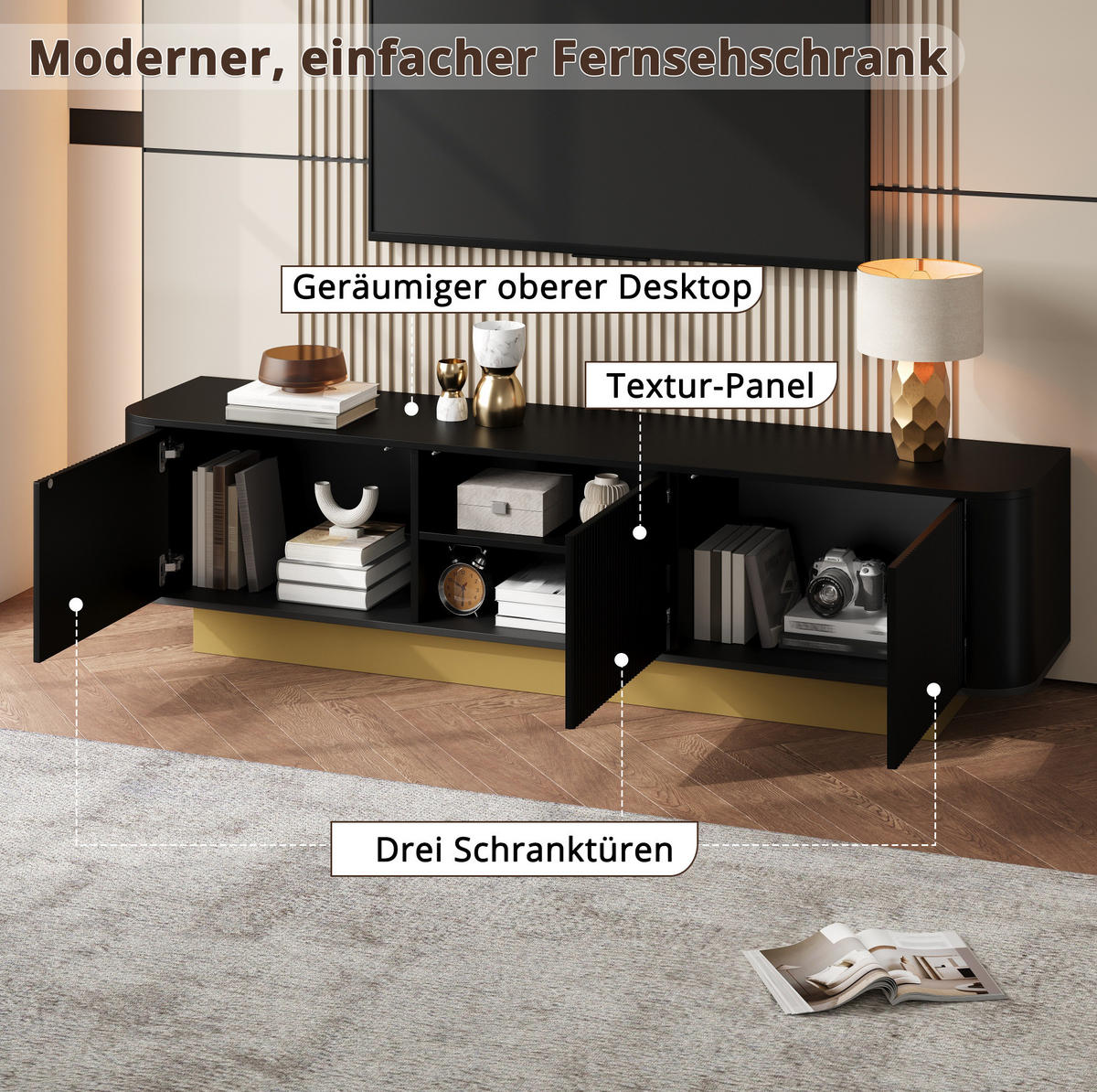 TV-LOWBOARD aus MDF und Spanplatte 170x40,5x47 cm Schwarz mit 3 Türen und Kabelmanagement - Schwarz, Holzwerkstoff (170/47/40.5cm) - IVMEU