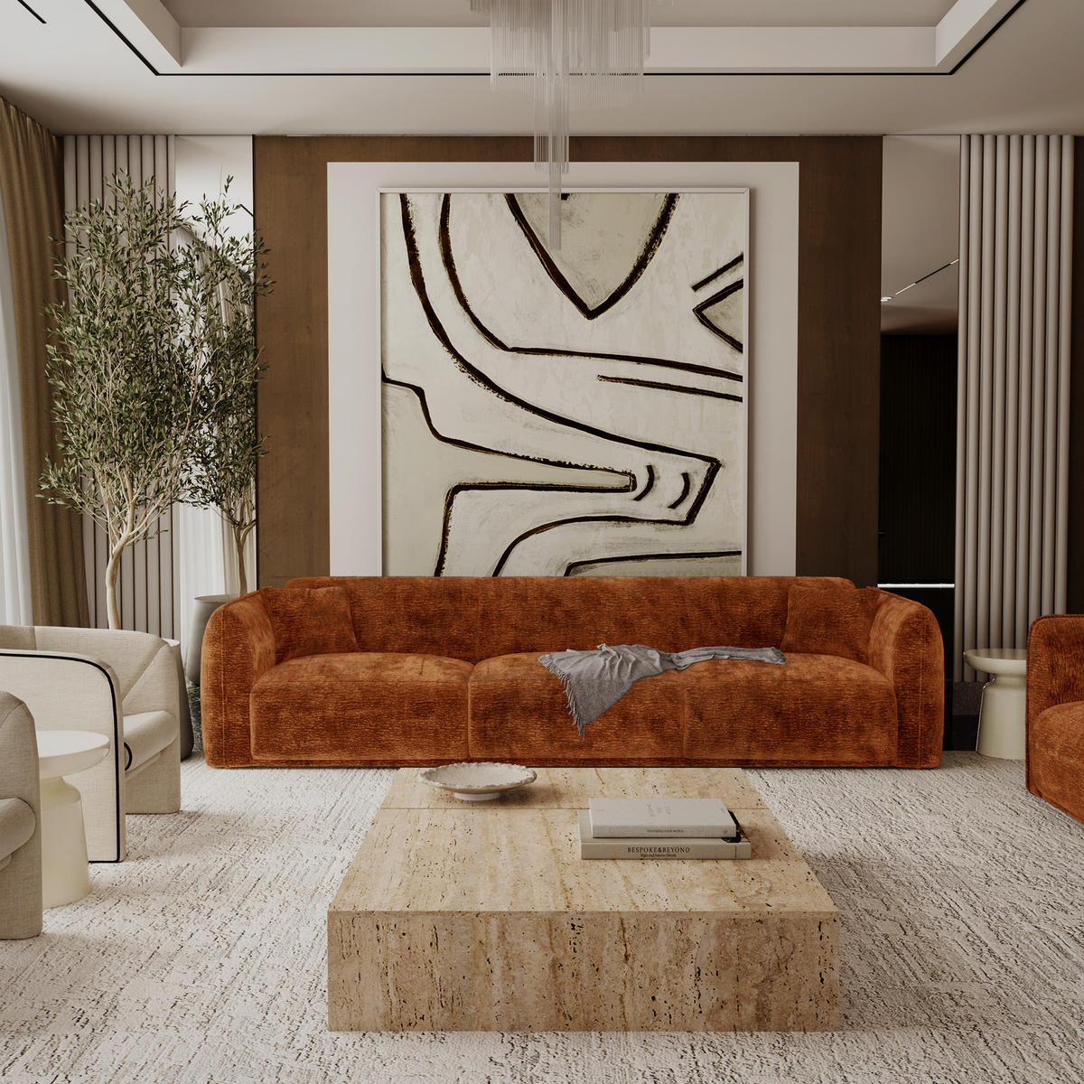 SOFA LUSH Gemusterter Samt Terrakotta 235cm - Dunkelorange/Terracotta, Textil (235/80/90cm) - Premium Interiors