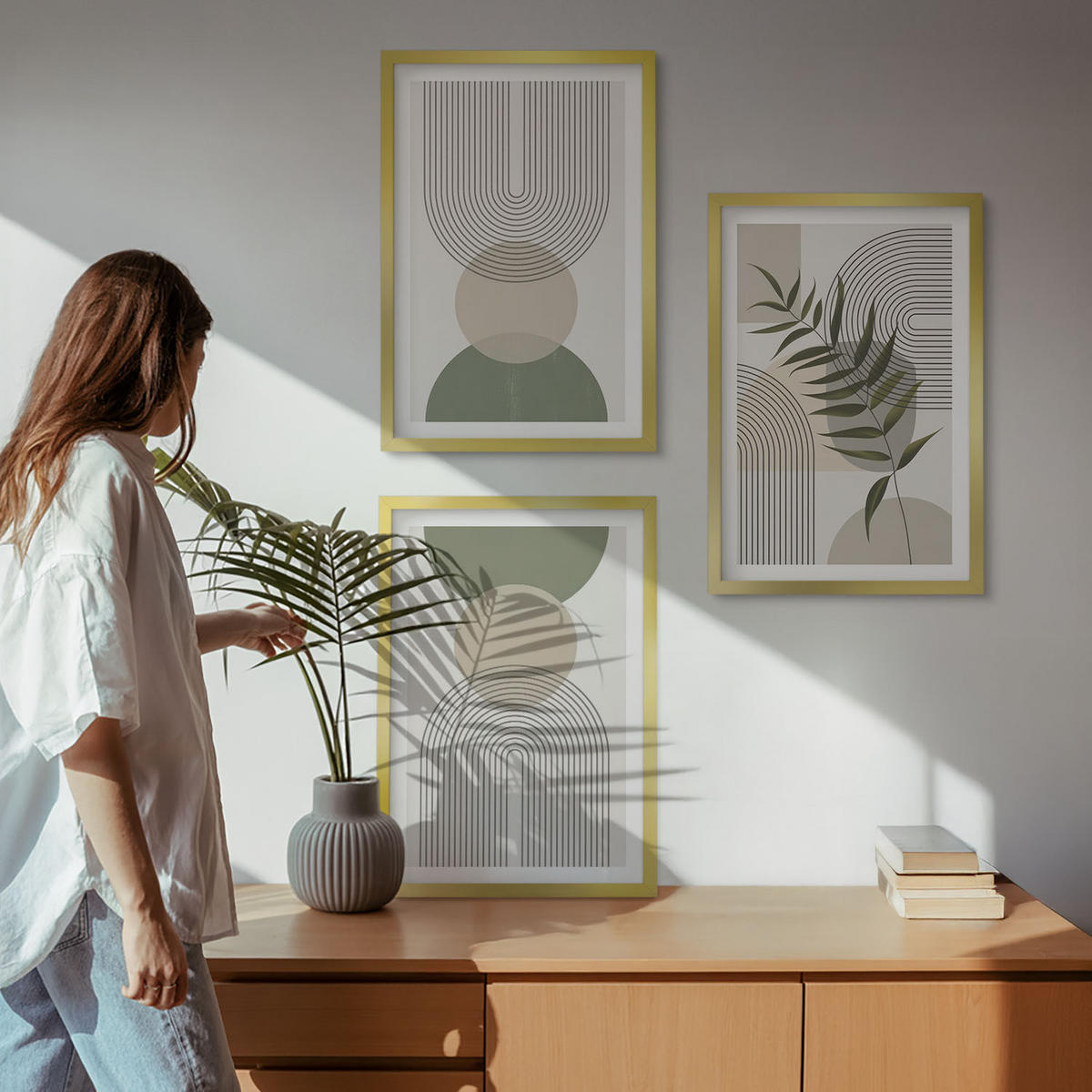 WANDBILDER 3er Set - 40x60 cm Goldrahmen - Abstrakte Formen mit Grün - Goldfarben, Kunststoff (40/60cm) - ArtPrintCave