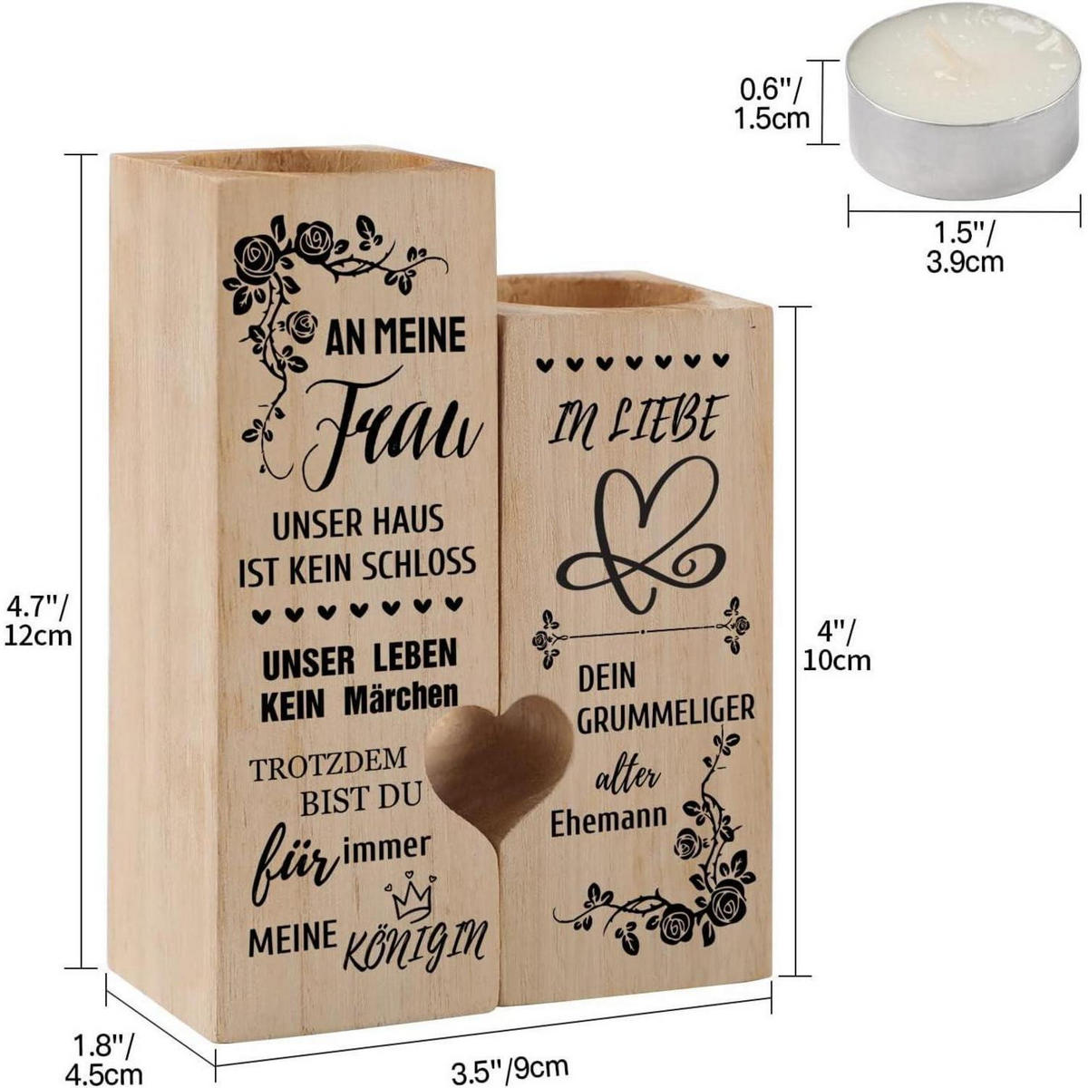 KERZENSTÄNDER Herzform Holz mit Gravur - Braun, Holz (4.5/12/4.5cm)