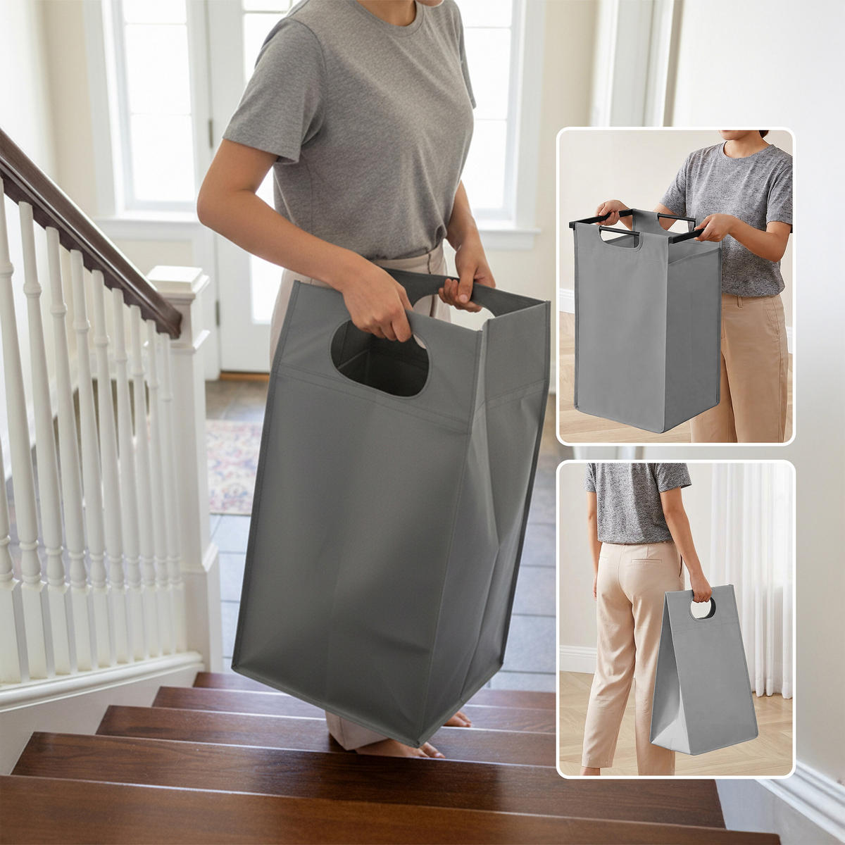 COȘ de rufe negru gri 3-compartimente cu poliță - gri, material textil/compozit lemnos (92.5/73/33cm) - Relaxdays