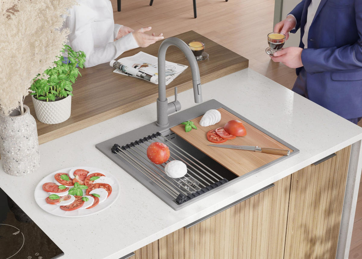 GRANITSPÜLE Oslo, 2-er set Grau 58/50 cm 1 Becken + Küchenarmatur 40/20 cm + Ablauf-Set + Schneidebrett ab 60er Unterschrank - Beige/Grau, Kunststoff (58/20/50cm) - Primagran