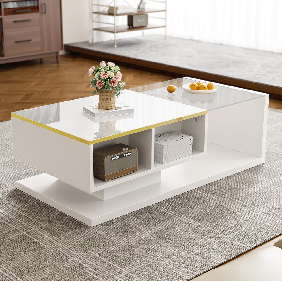 COUCHTISCH 100/50 cm weiß aus Spanplatte mit Glas und LED-Beleuchtung - Weiß, Holzwerkstoff (100/50/32.5cm) - OKMYHOME