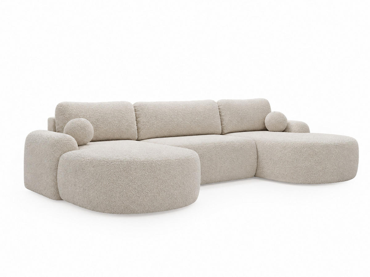 ECKSOFA Aurio U Bouclé-Stoff Creme - Creme/Schwarz, Kunststoff/Textil (347/177cm) - Graingold