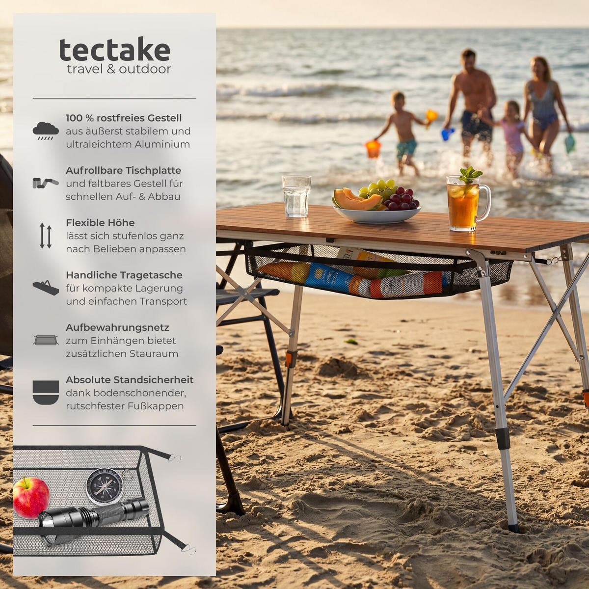 CAMPINGTISCH aus Aluminium Bastian, 120 x 70,5 x 58 – 79 cm, Holzoptik - Braun, Metall (120/70.5/79cm) - tectake