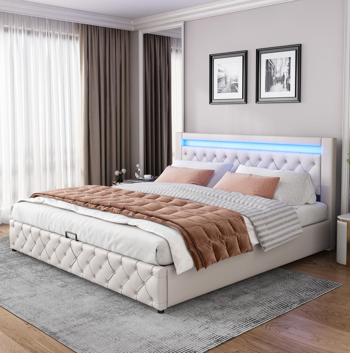 POLSTERBETT aus PU 180x200 cm in Weiß mit LED-Beleuchtung & Stauraum - Weiß, Leder (180/200cm) - Modfu