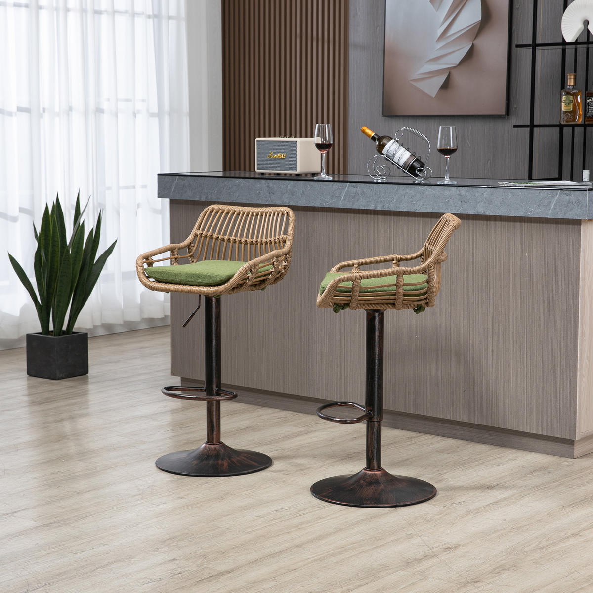 BARHOCKER 2er-Set drehbar mit Rattan und Höhenverstellung, Grün - Grün, Textil (49/89/48cm)