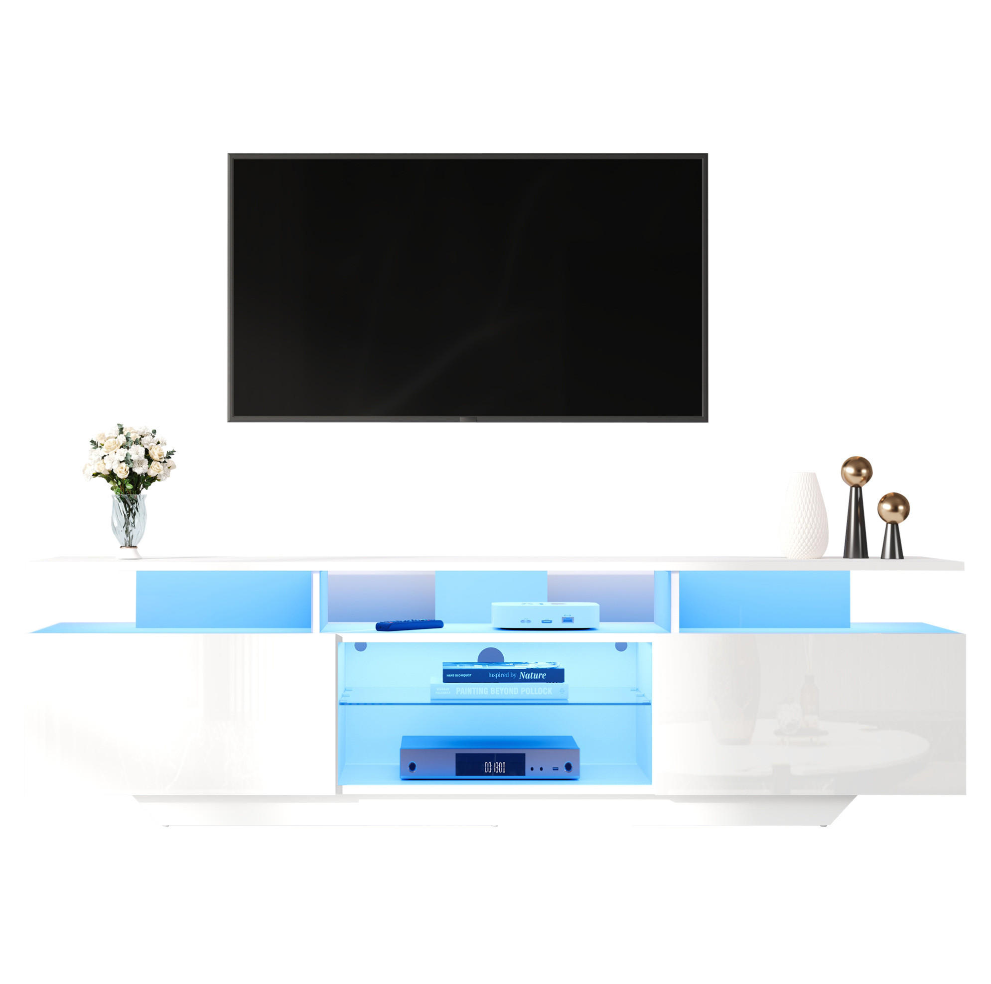 OKWISH TV stolek 160/40/45 cm bílá z MDF s LED osvětlením a velkým úložným prostorem