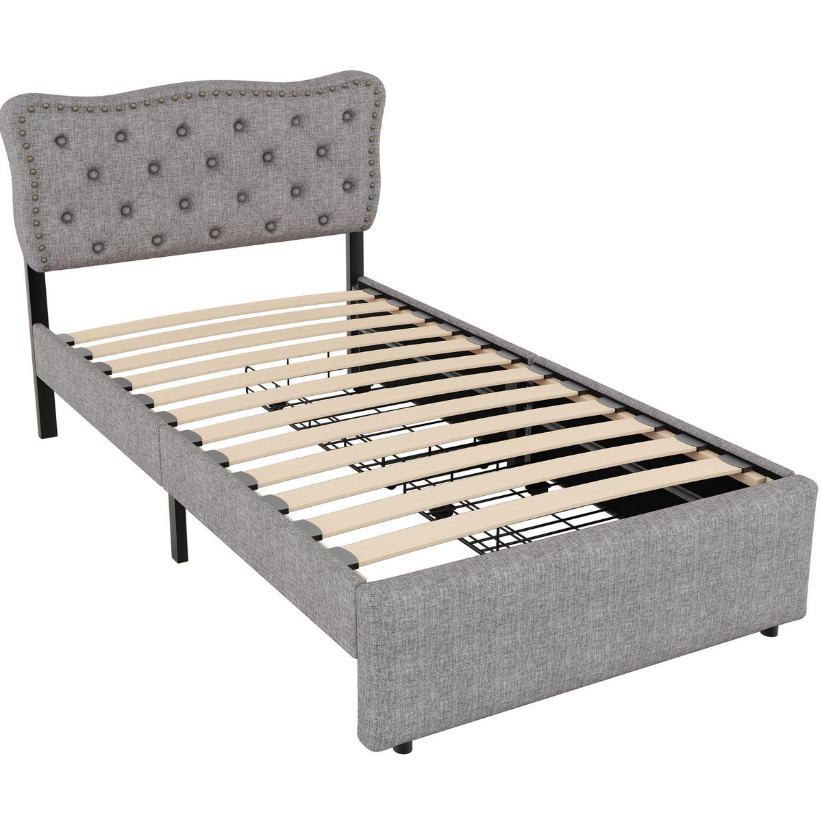 POLSTERBETT 90/200 cm mit 2 Schubladen, verstellbarem Kopfteil und Ziernieten, Grau - Grau, Holzwerkstoff (90/200cm) - Redom