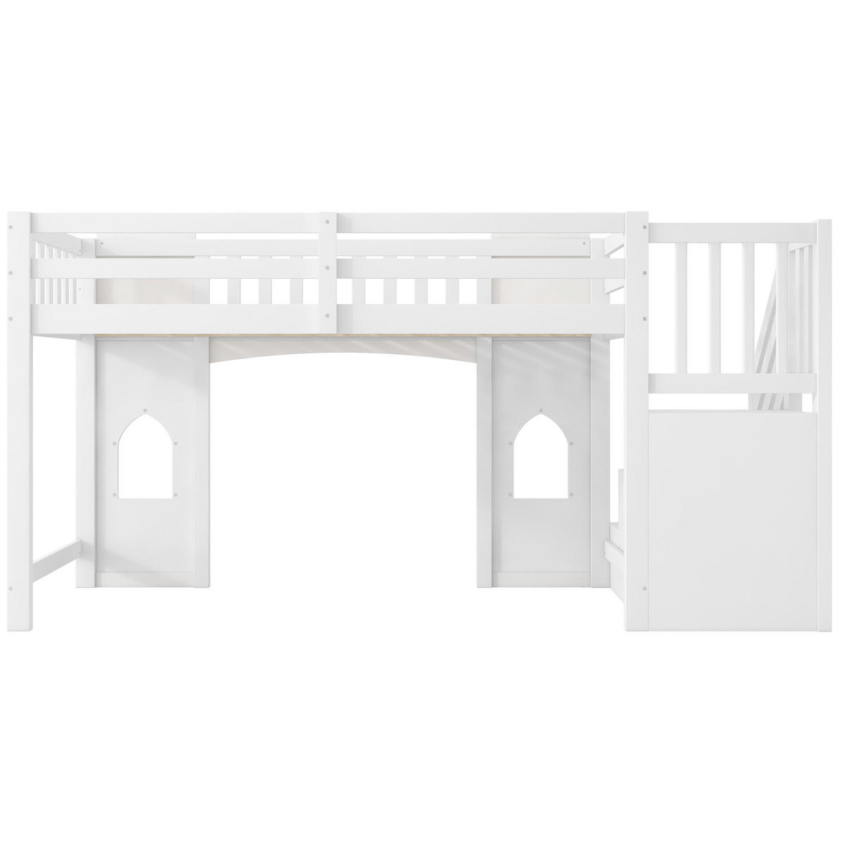 VYSOKÁ posteľ 90/200 cm biela z MDF a borovice s úložnými schodmi a oknami - biela, kompozitné drevo (90/200cm) - OKWISH