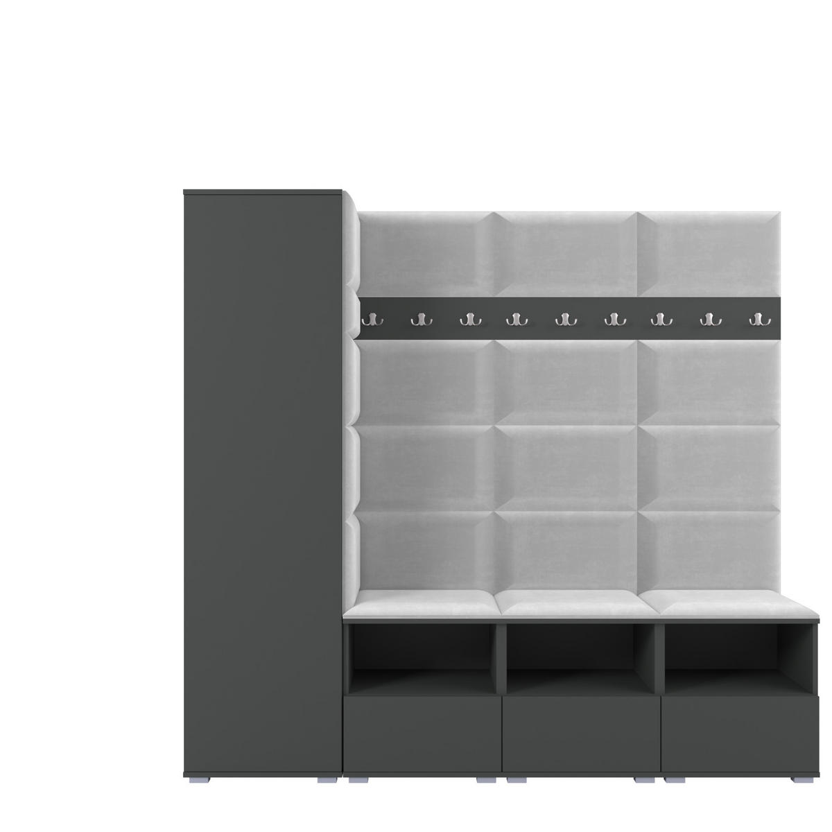 GARDEROBE NELA IX 200 cm (Modulare Flurmöbel Graphit mit Sitzpolster Hellgrau 32 Breite Sitzbank) - Silberfarben/Hellgrau, Holz/Holzwerkstoff (200/187/40cm) - Ravio