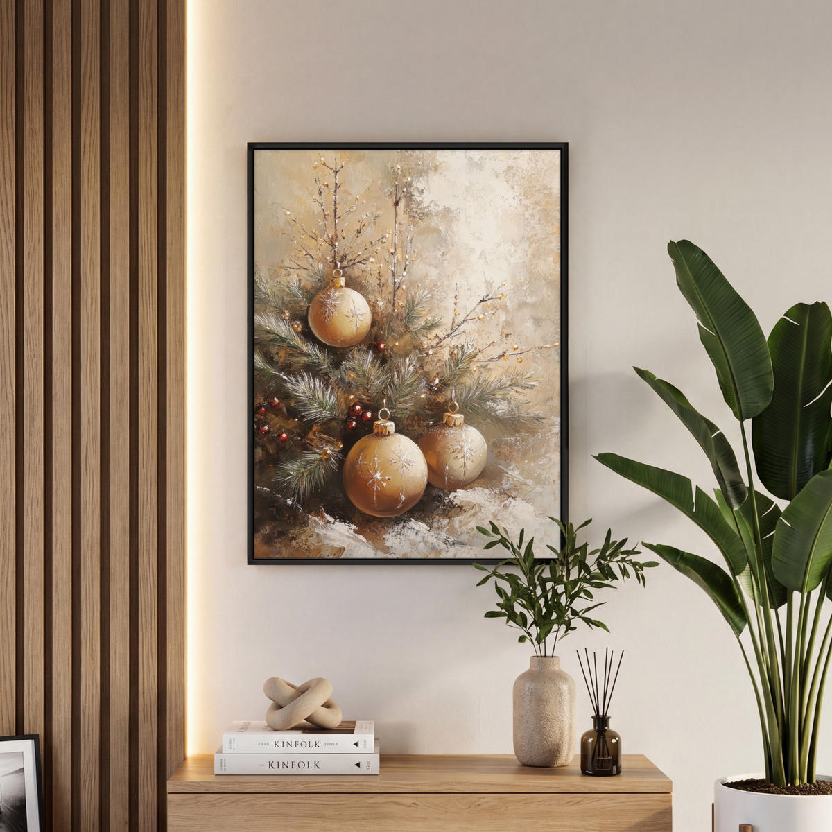 LEINWAND Bilder mit Rahmen - Weihnachten - Kugeln - Beige - Gold - 60x80 - Goldfarben, Textil (60/80cm) - MuchoWow