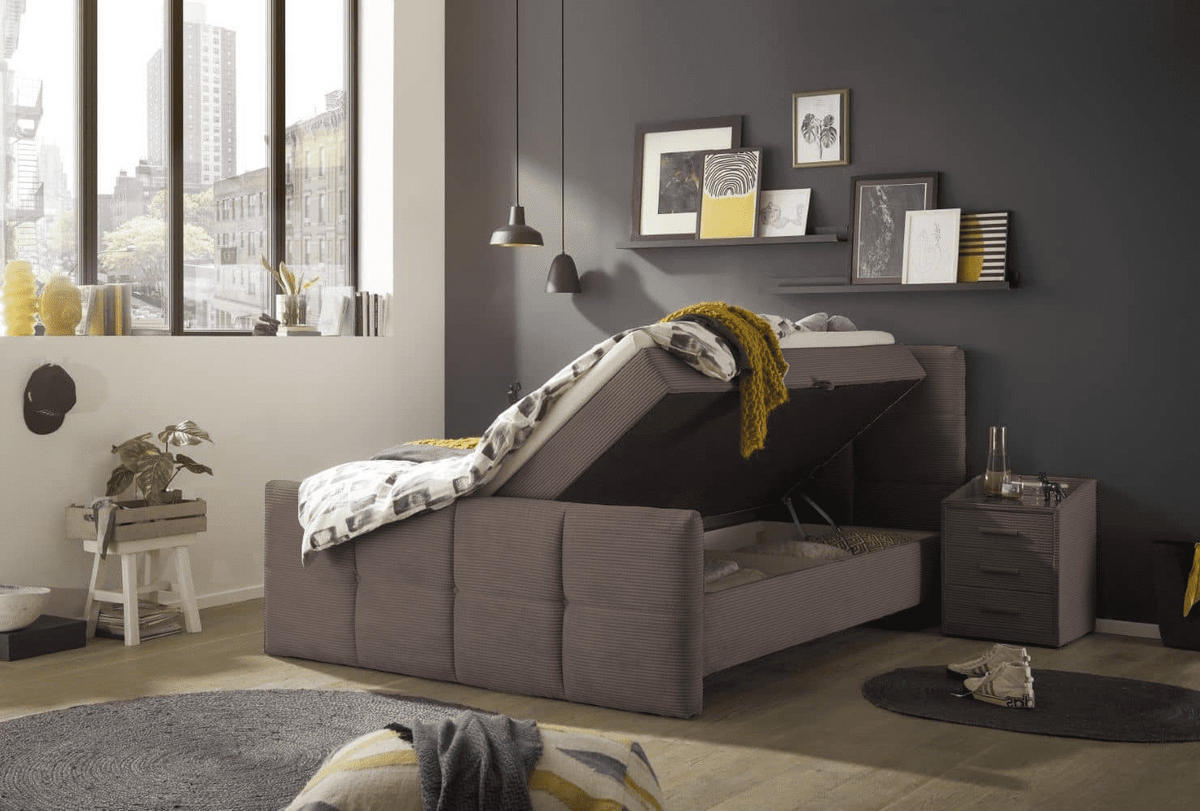 BOXBETT Breitcord, 7-Zonen-Tonnentaschen-Federkernmatratze, HR-30 Topper, Bettkasten - Schwarz/Braun, Holz/Kunststoff (160/200cm) - ed exciting design