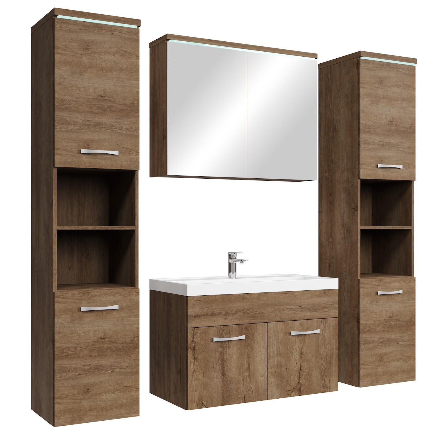 BADMÖBEL-SET Paso LED 5 Teile Braun Eiche - 80 x 35 x 55 cm - Eichefarben/Braun, Holz (80/55/40cm) - Badplaats