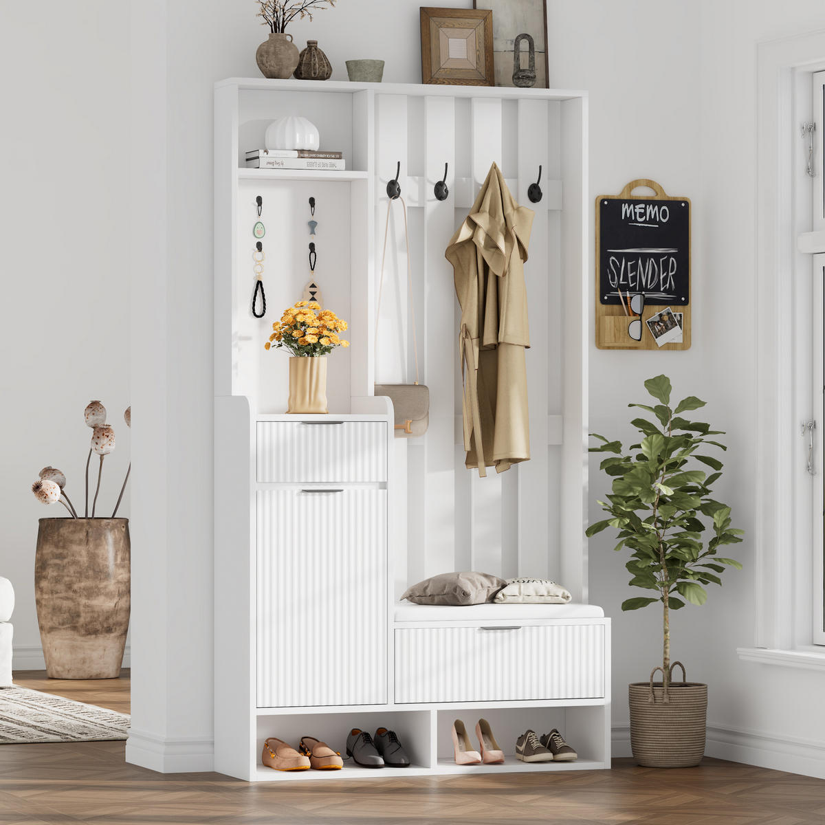 SCHUHSCHRANK aus Spanplatte 100x30x180cm in Weiß mit 8 Haken & Sitzkissen - Weiß, Holzwerkstoff (100/180/30cm) - Modfu