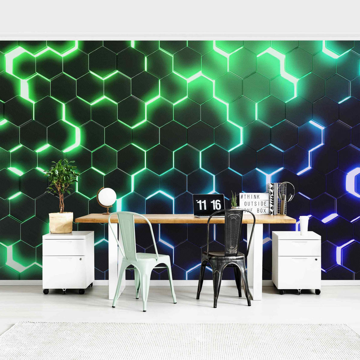 FOTOTAPETE Strukturierte Hexagone mit Neonlicht in Grün und Blau 432/290 cm - Schwarz, Papier (432/290cm) - Bilderwelten
