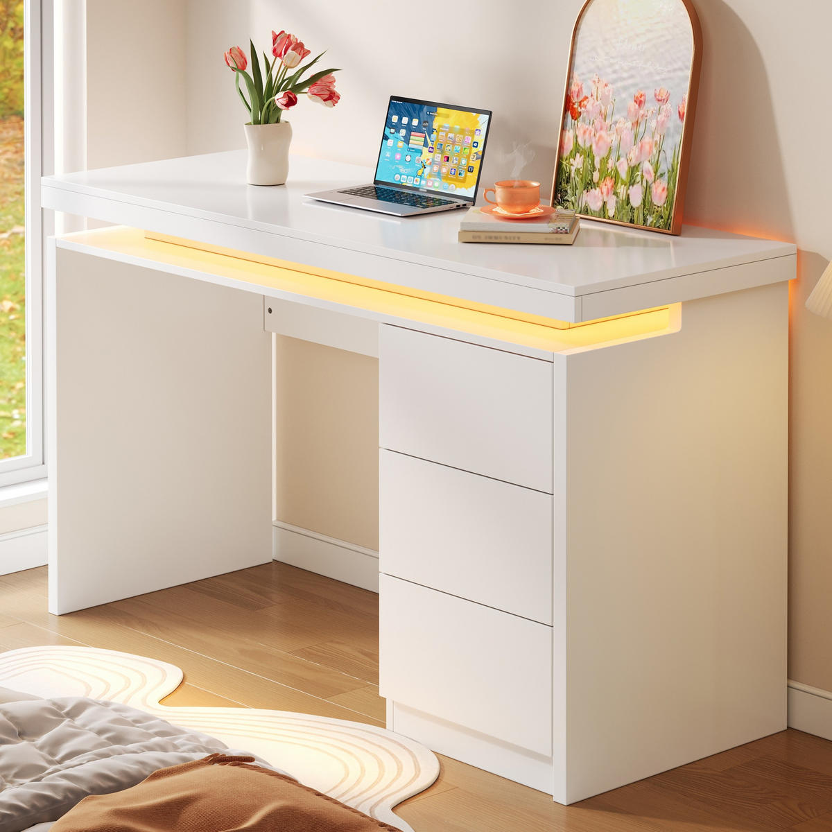 SCHREIBTISCH LED 120cm 3 Schubladen Homeoffice modern - Weiß, Holzwerkstoff (120/50/78.5cm) - FLIEKS