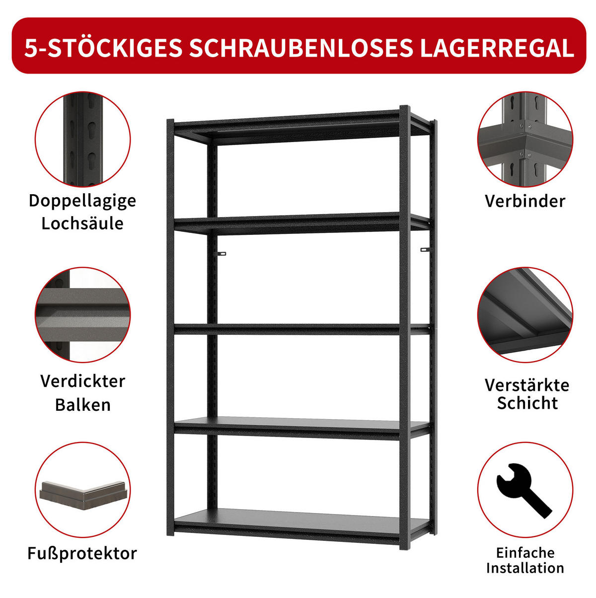 STANDREGAL 40/80/160 cm mit 5 höhenverstellbaren Ebenen und 650 kg Tragkraft, Schwarz - Silberfarben, Metall (80/160/40cm) - Redom