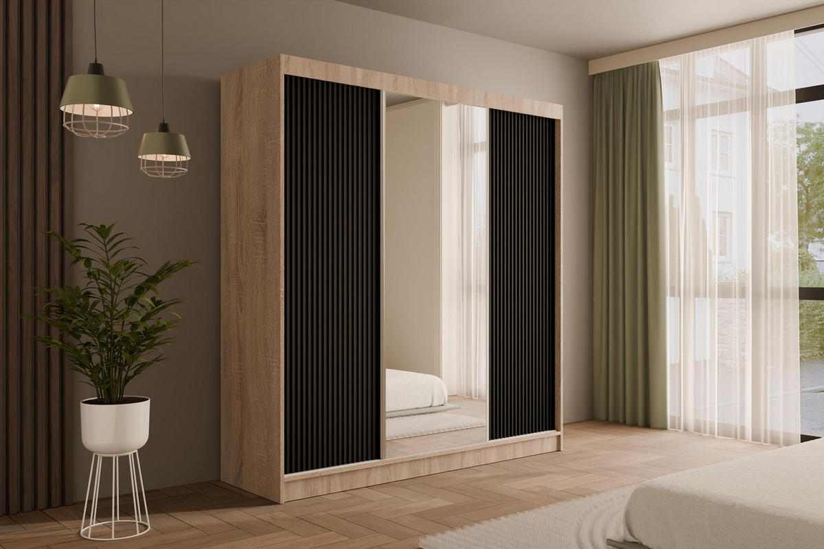 KLEIDERSCHRANK mit Spiegel V2-PRESTIG 215x200 cm - Sonoma Eiche|Schwarz - Schwarz/Sonoma Eiche, Holzwerkstoff (200/215/61cm) - ALTDECOR