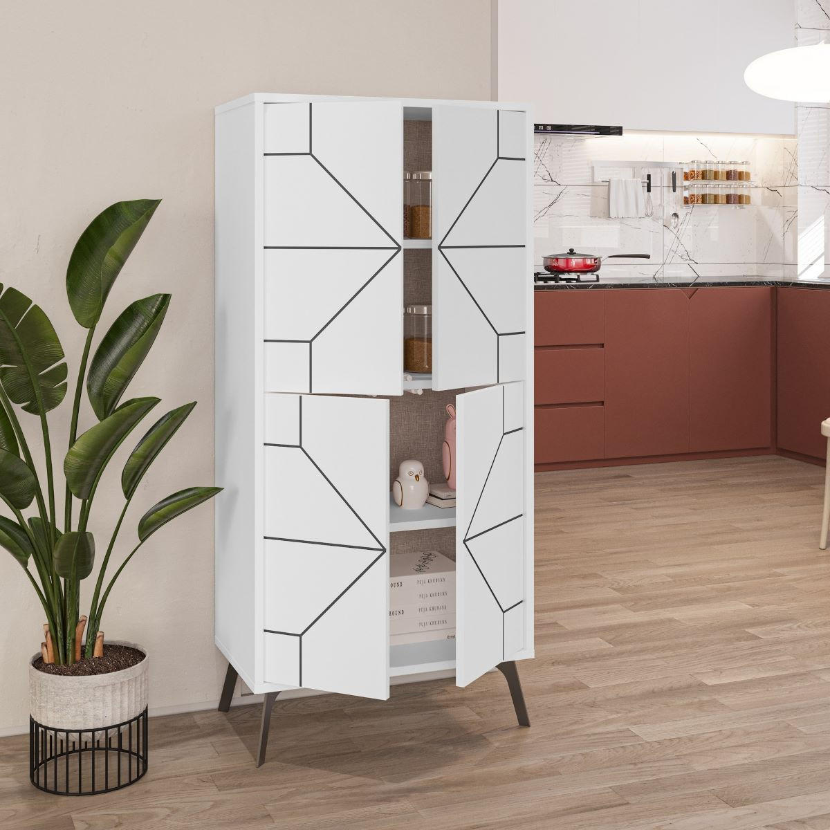 HOHER Buffetschrank mit 4 weißen Türen und schwarzen Dekorationen H136 cm - Dune - Weiß, Holzwerkstoff (35.6/136/62.6cm) - Calicosy