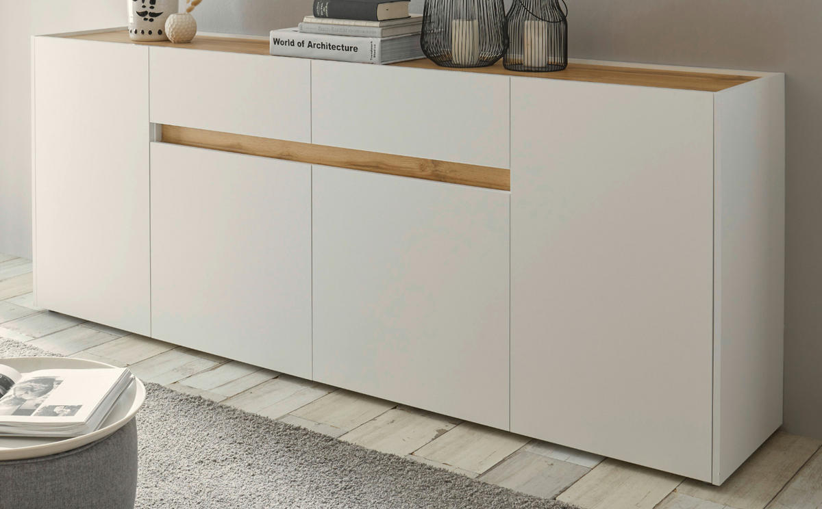 SIDEBOARD weiß, Eiche Wotan 220 cm, Kommode mit 8 Fächern - Eiche Wotan/Schwarz, Holz/Holzwerkstoff (220/87/40cm) - Furn.Design