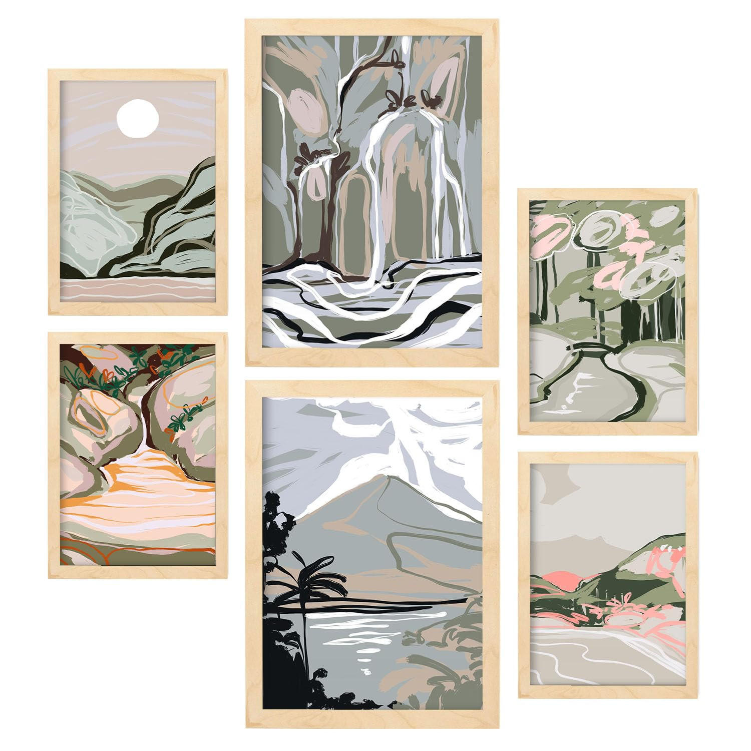 POSTER Set Mit 6 Clifton Landschaftsabstrakte Größe A3 & A4 Rahmen aus hellem Holz - Beige, Papier (29.7/1cm) - Nacnic