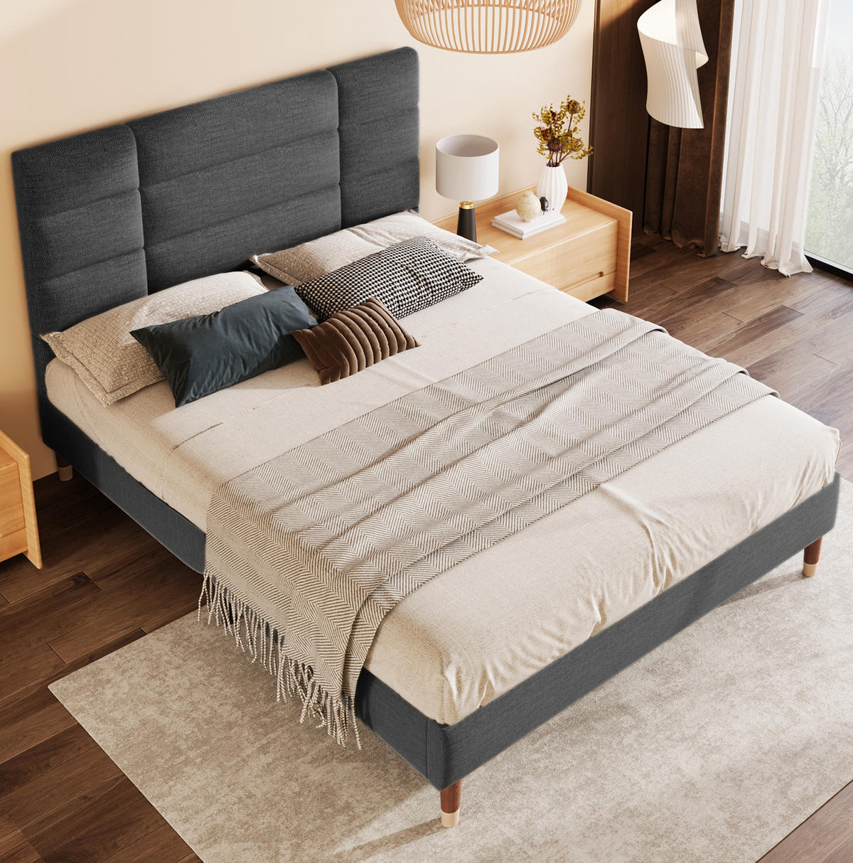 ČALÚNENÁ posteľ z masívneho dreva 140x200 cm sivá s lamelovým roštom a úložným priestorom pod posteľou - sivá, drevo (140/200cm) - Modfu