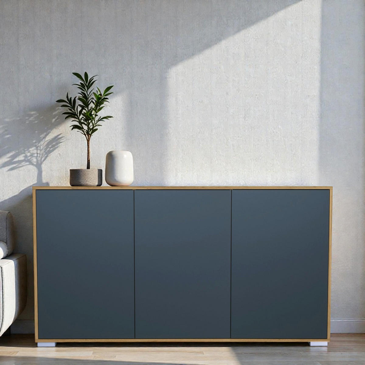 SIDEBOARD Elena, Kommode mit Push-to-Open, Made in Germany, Moderner Schrank, Eiche Evoke/Anthrazit matt (152,5 x 83 x 37 cm) - Anthrazit, Holzwerkstoff (152.5/83/37cm) - InnoFurn