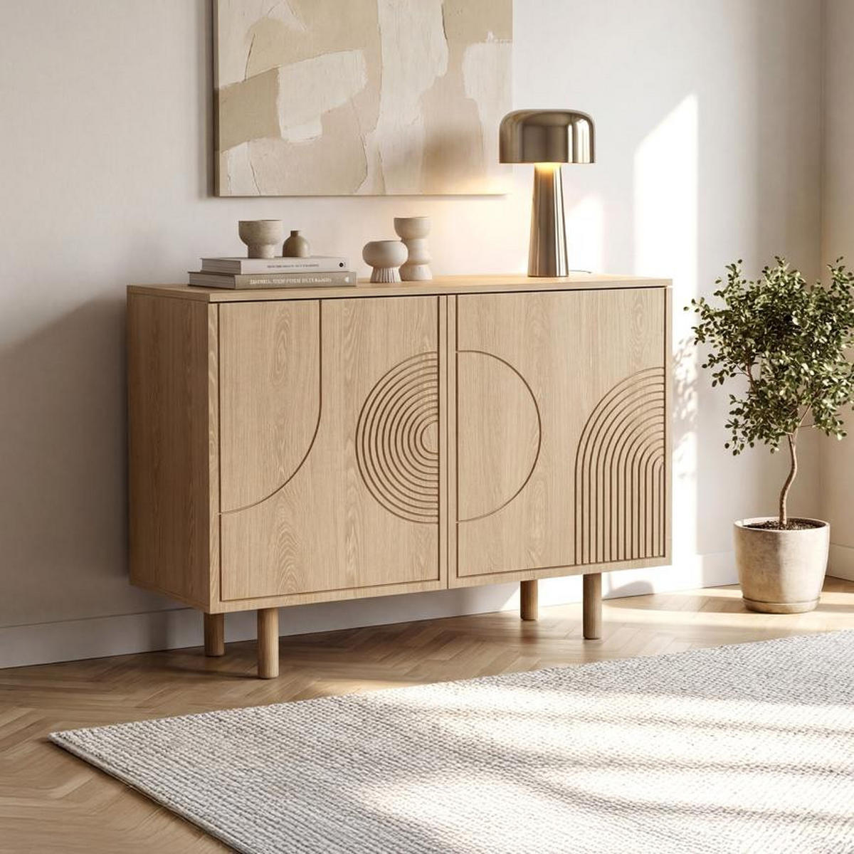 SIDEBOARD 100cm Saskia 2 Türen Eichenholz-Finish Skandinavisches - Beige, Holz/Metall (100/77/40cm) - Sicaan