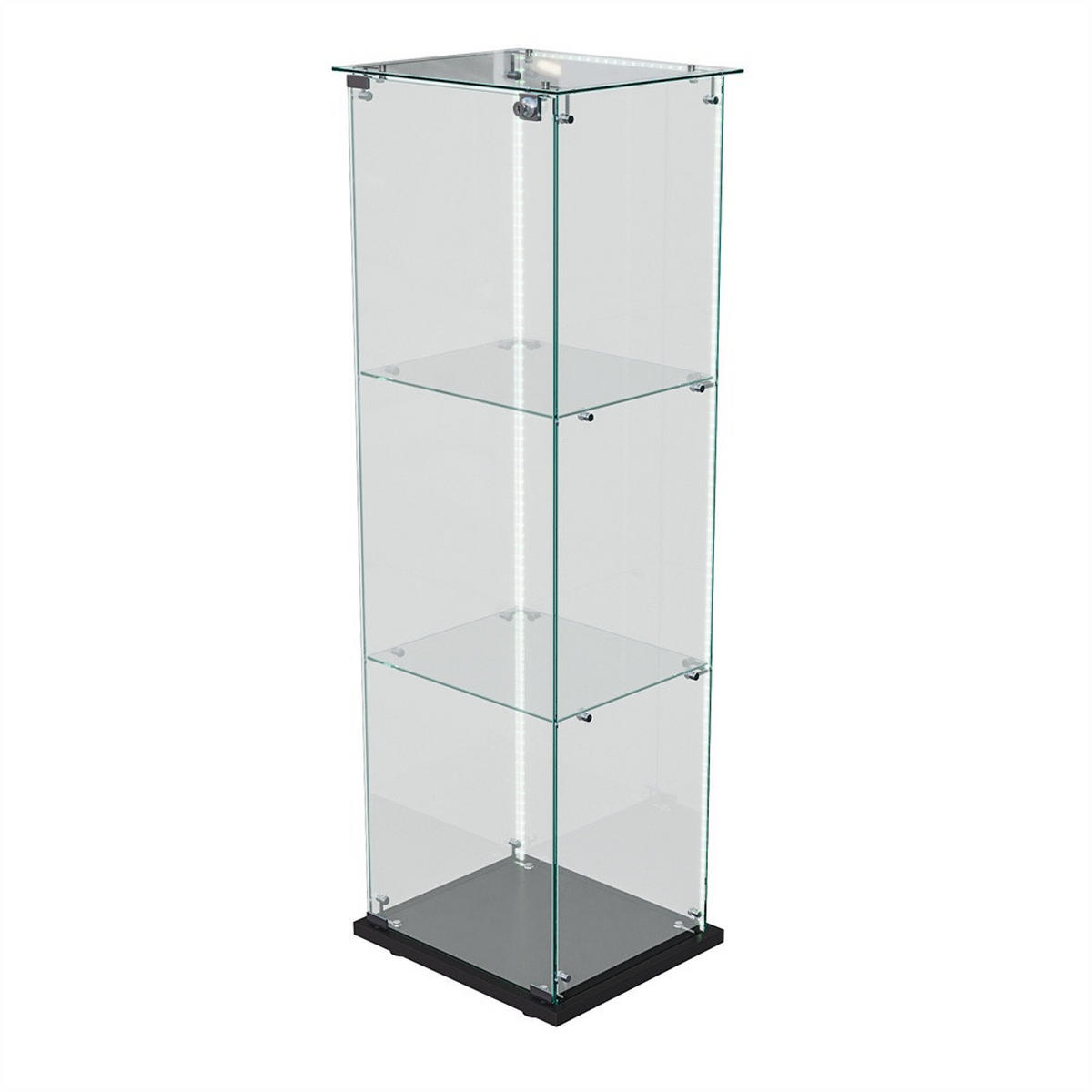 VITRINE - Glas-Vitrine mit 1 Tür - 3 Ebenen und LED-Lichtband-Beleuchtung - Schwarzer Boden - Schwarz, Glas (39.8/123.3/35cm) - DELFA