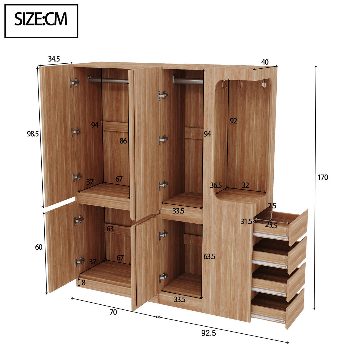 KLEIDERSCHRANK aus Kiefernholz, Sperrholz und MDF 162,5x40x170 cm Holzfarbe mit Schubladen, Staufächern und offenem Hängebereich - Nussbaumfarben, Holzwerkstoff (162.5/170/40cm) - Modfu