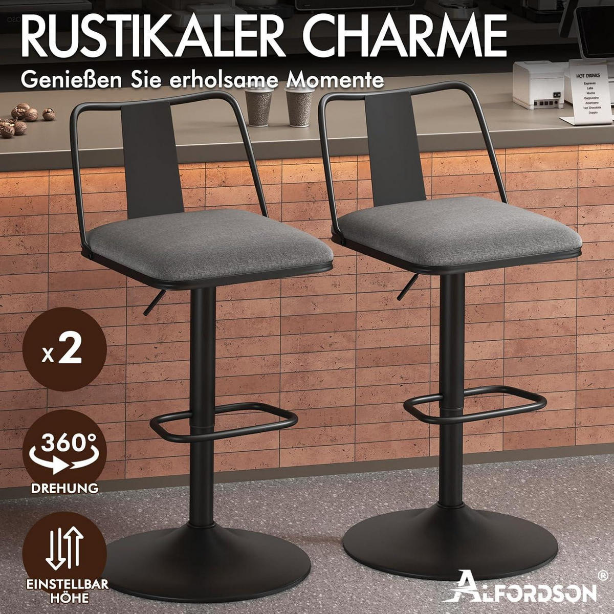 BARHOCKER 2-teiliges Set höhenverstellbar mit Rückenlehne Grau Textil - Grau, Textil (43/102/43cm)