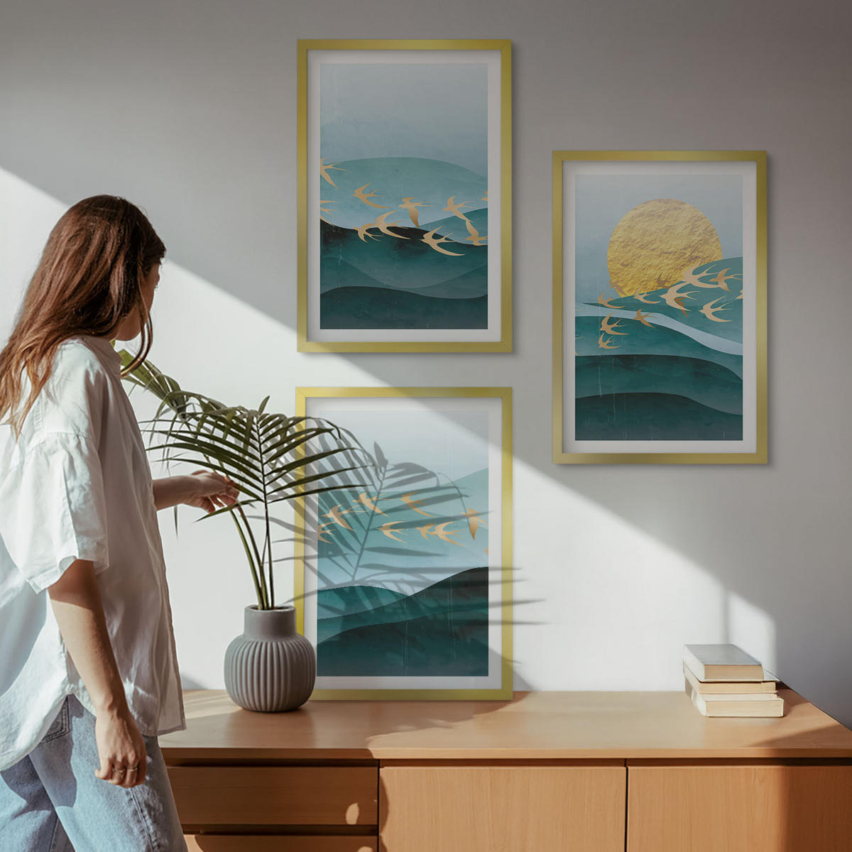 BILDER SET 3er Set - 40x60 cm Goldrahmen - Abstrakte Sonnenuntergangslandschaften - Goldfarben, Kunststoff (40/60cm) - TULUP