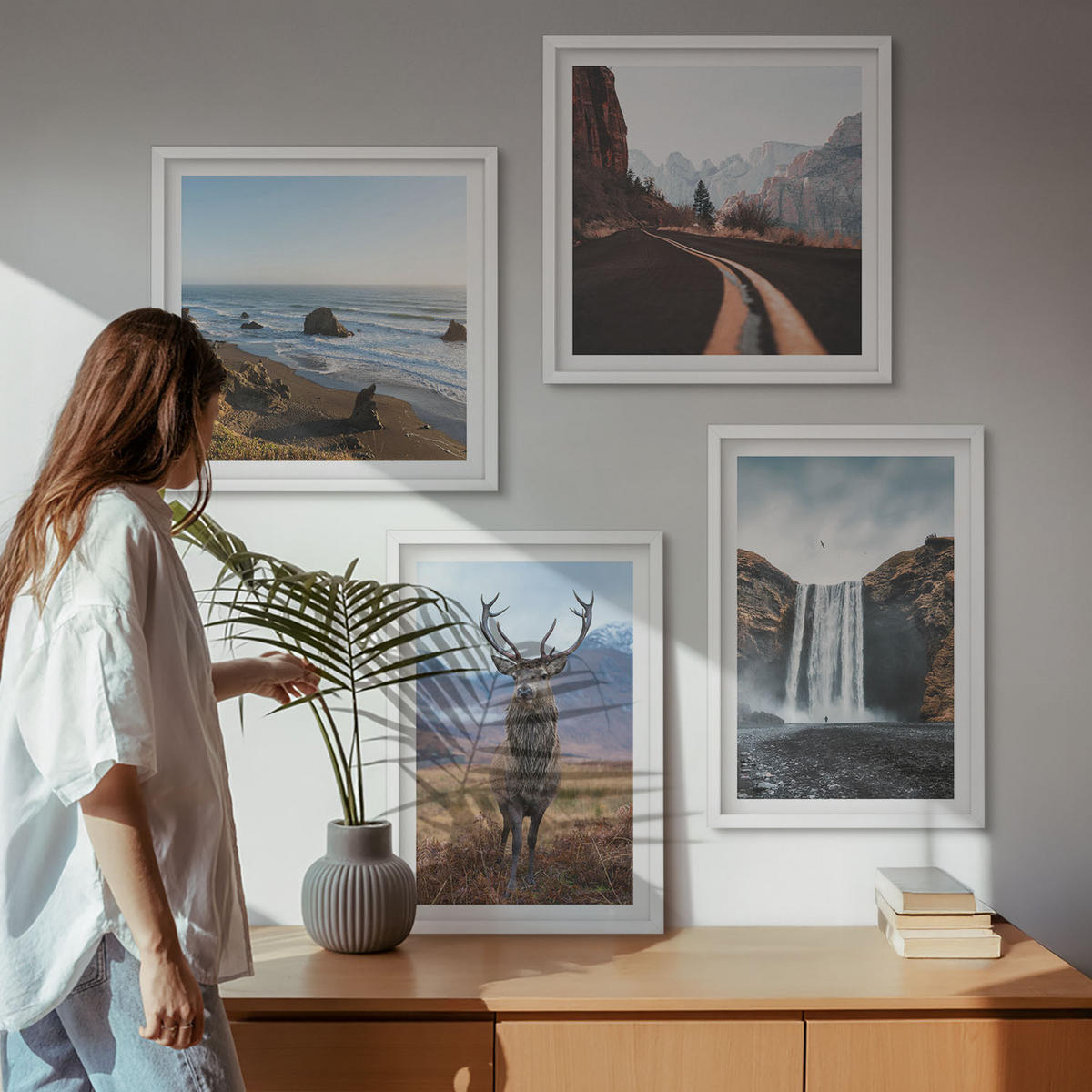 WANDBILDER 4er-Set - 50x50 cm & 40x60 cm Weißer Rahmen - Berglandschaften, Wasserfälle, Hirsche, Strände - Weiß, Kunststoff (50/50cm) - ArtPrintCave